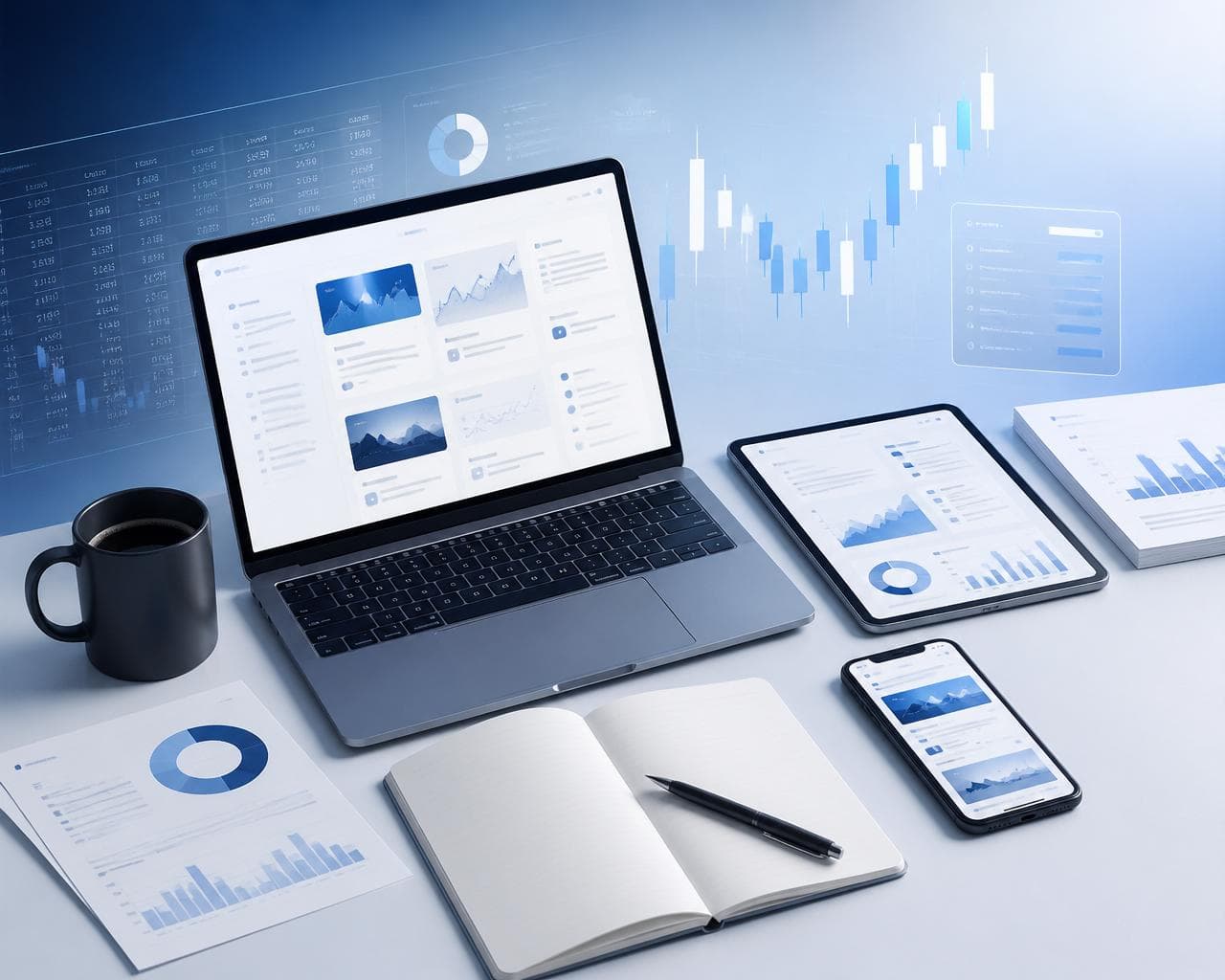 Financial knowledge center: laptop, tablet and phone showing market research and articles